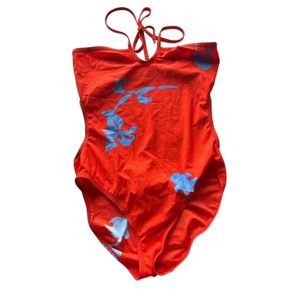 Tory Burch Red One-Piece Swimsuit with Blue Floral Print